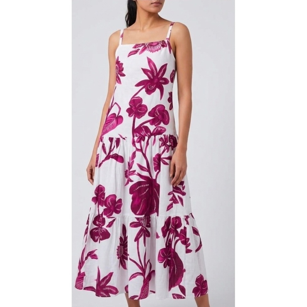 Women White Magenta Floral Cotton Linen Boho Resort Tiered Midi Dress Sz S NWT